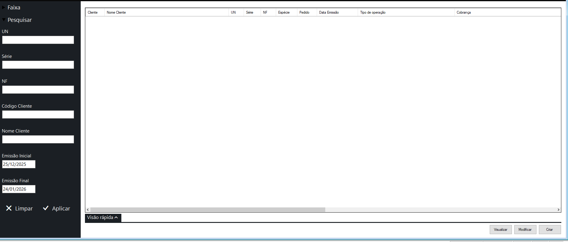 Aba de notas fiscais para demonstração